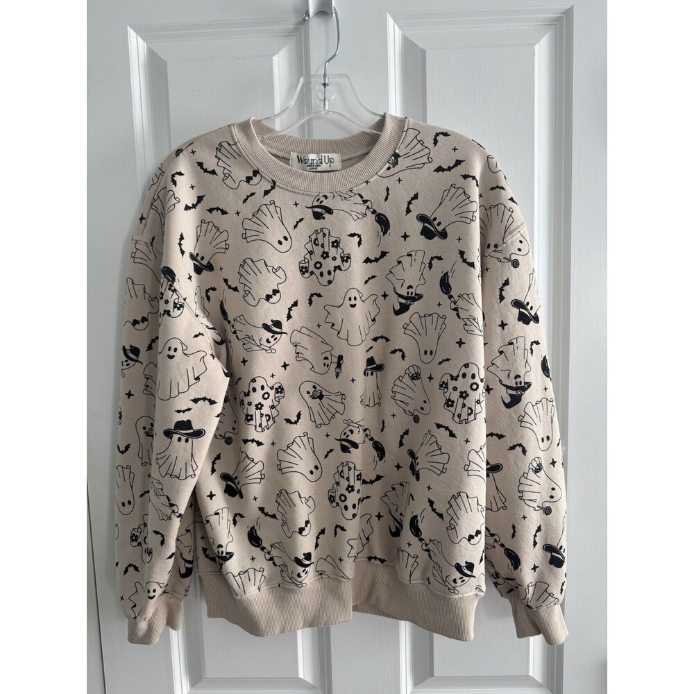 Wound Up Women’s Beige/Black Halloween Ghost Print Crewneck Sweatshirt M